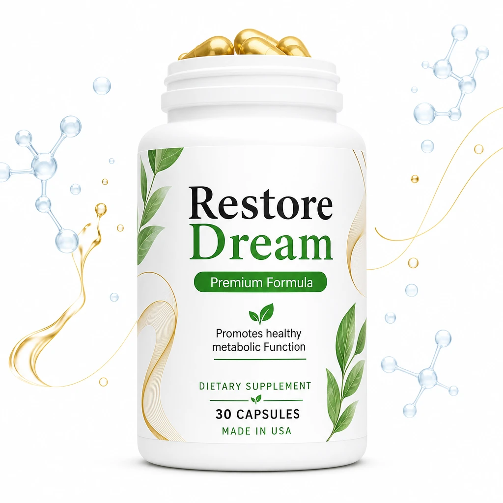 Frasco do suplemento Restoredream com 30 cápsulas
